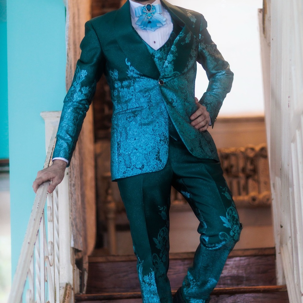 Elegant Custom Teal Floral Men's Suit